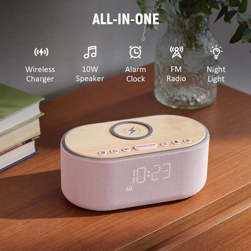 uscce Alarm Clock Bluetooth FM Radio: 10W Stereo Sound Speaker - Fast Wireless Charging for iPhone Samsung - Dimmable Clock Radio for Bedroom - Image 2